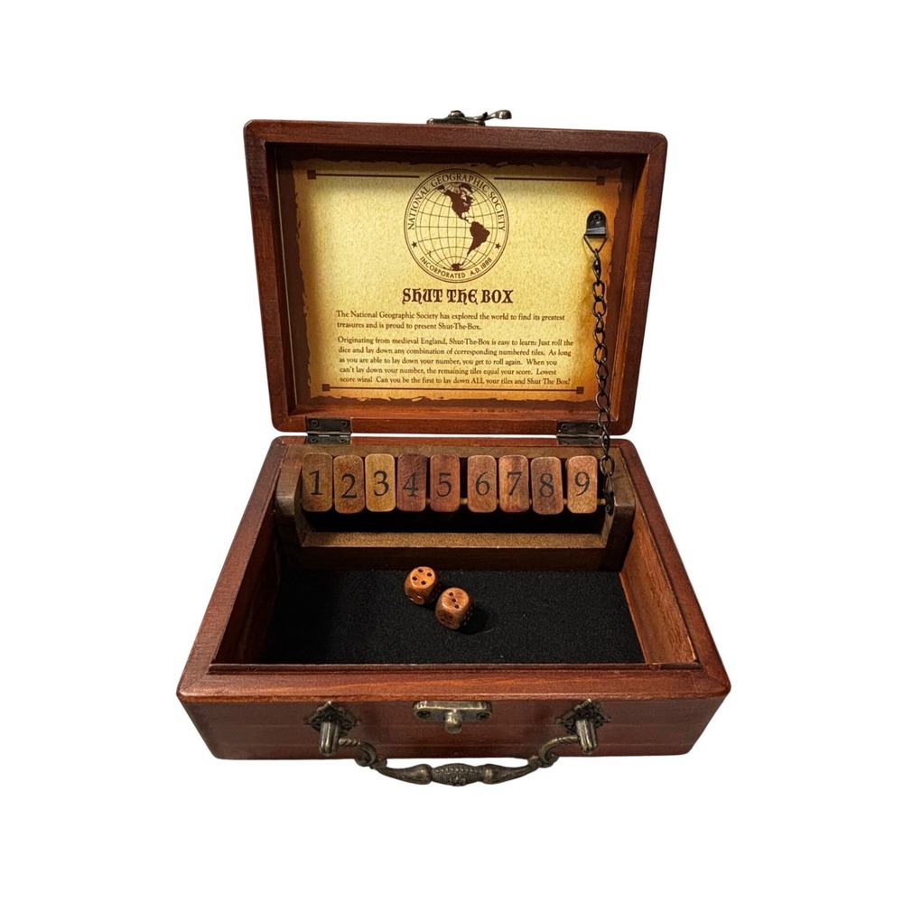 National Geographic Shut The Box Wooden Dice Game Vintage Style Travel Set Box